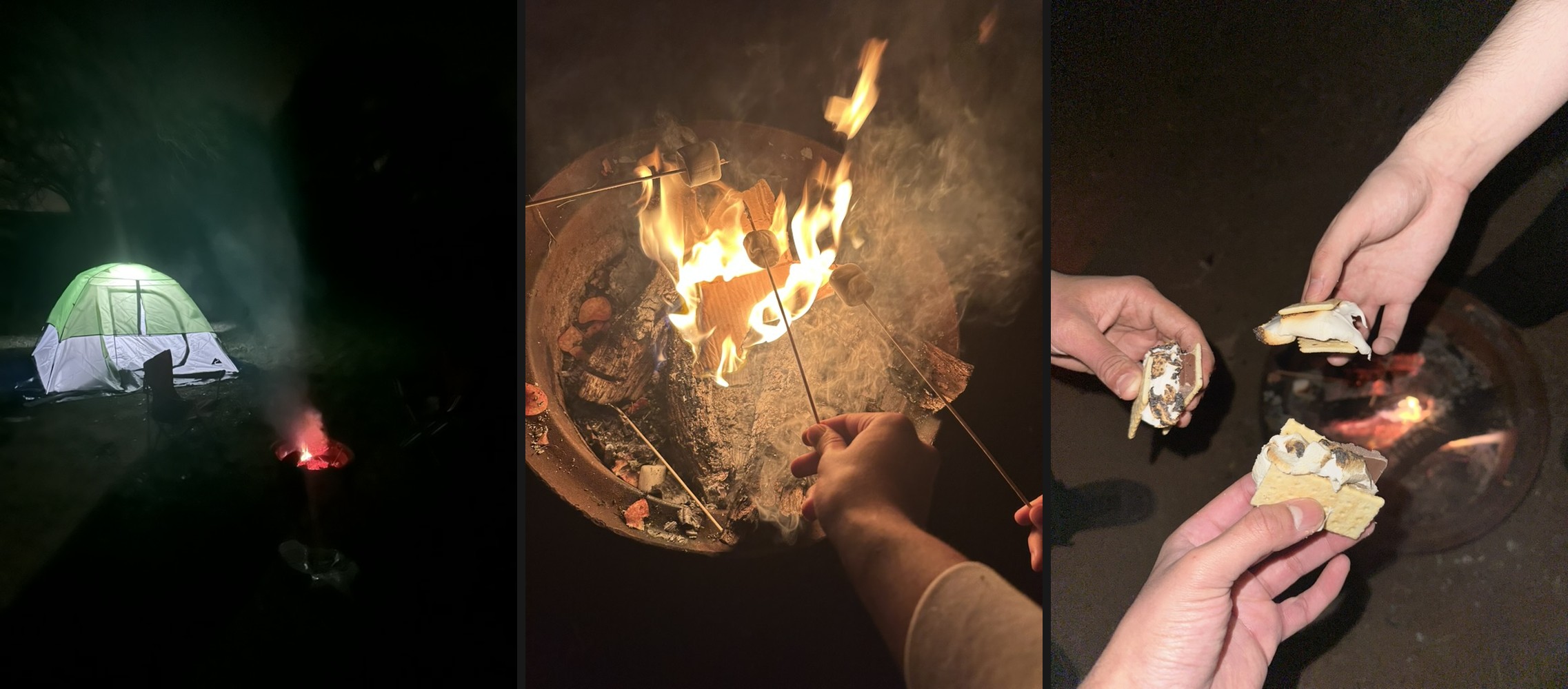 Camping, a tent, a campfire, and roasting marshmallows